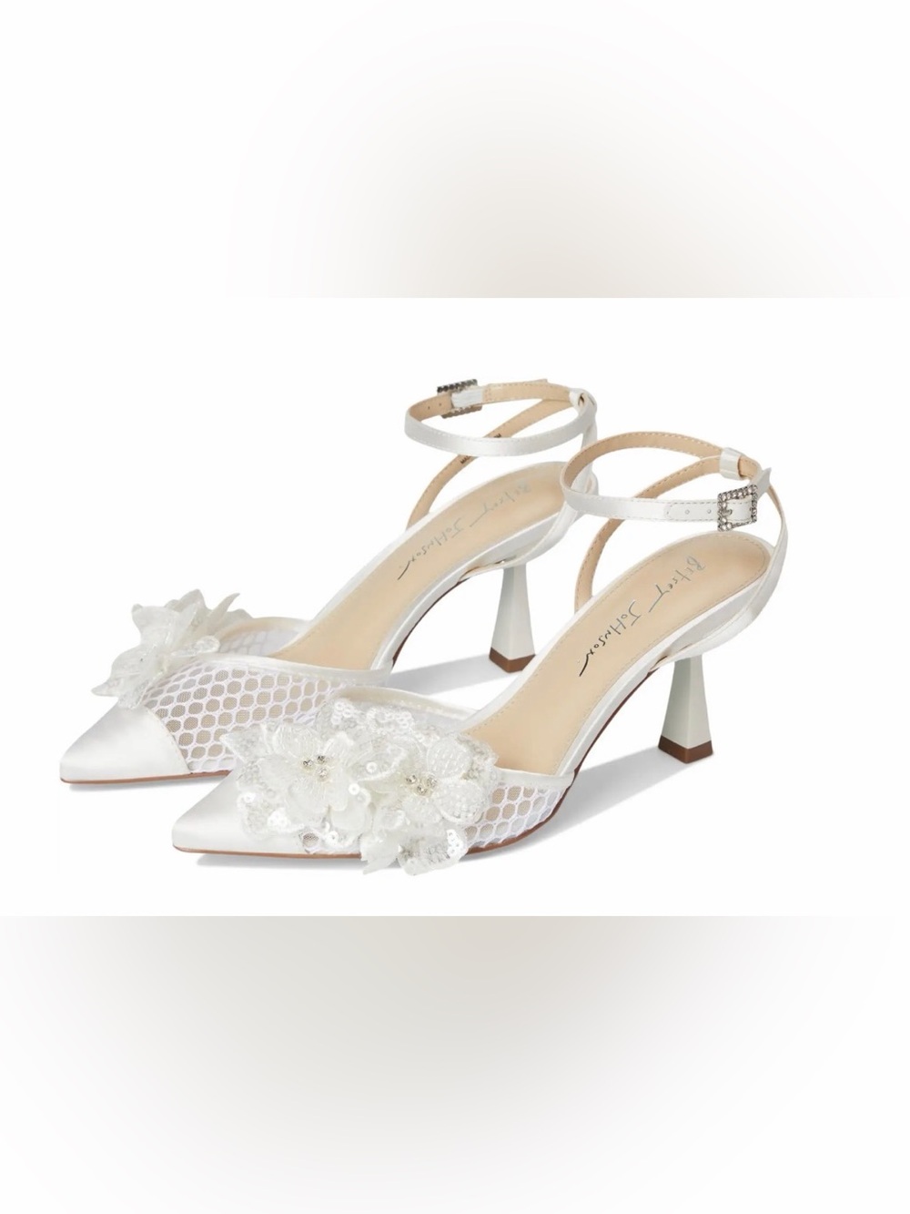 Betsey Johnson Susie - Bridal White Floral Mesh Ankle-Strap Heels